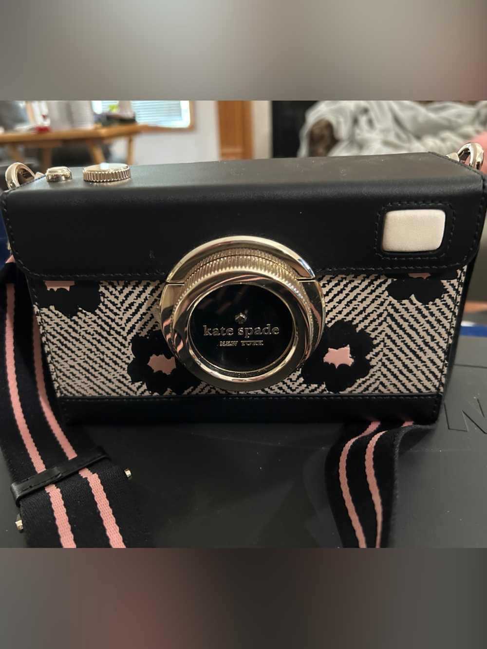 kate spade Black Floral Camera Crossbody with Pink-Striped Strap -oh snap